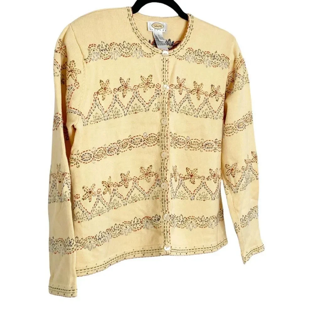 Talbots Yellow Cotton Embroidered Sweater Women’s Petite M Pre-Owned